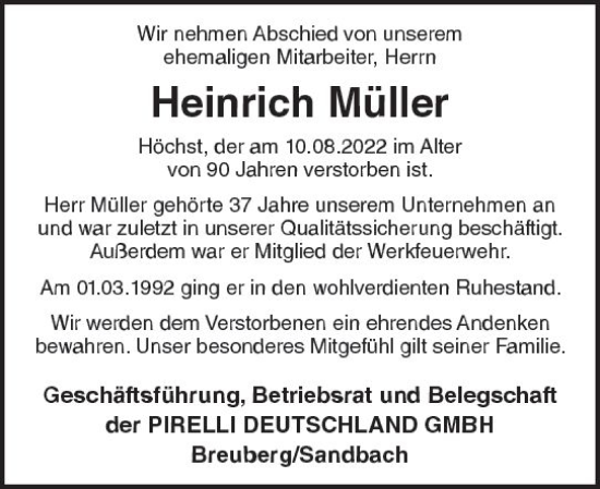 Traueranzeige von Heinrich Müller von vrm-trauer Odenwälder Echo