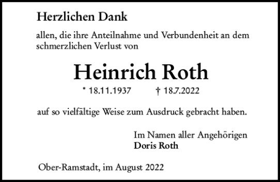 Traueranzeige von Heinrich Roth von vrm-trauer Darmstädter Echo