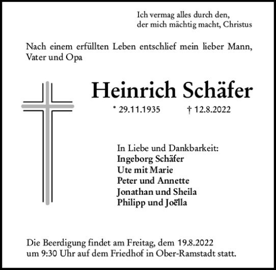 Traueranzeige von Heinrich Schäfer von vrm-trauer Odenwälder Echo