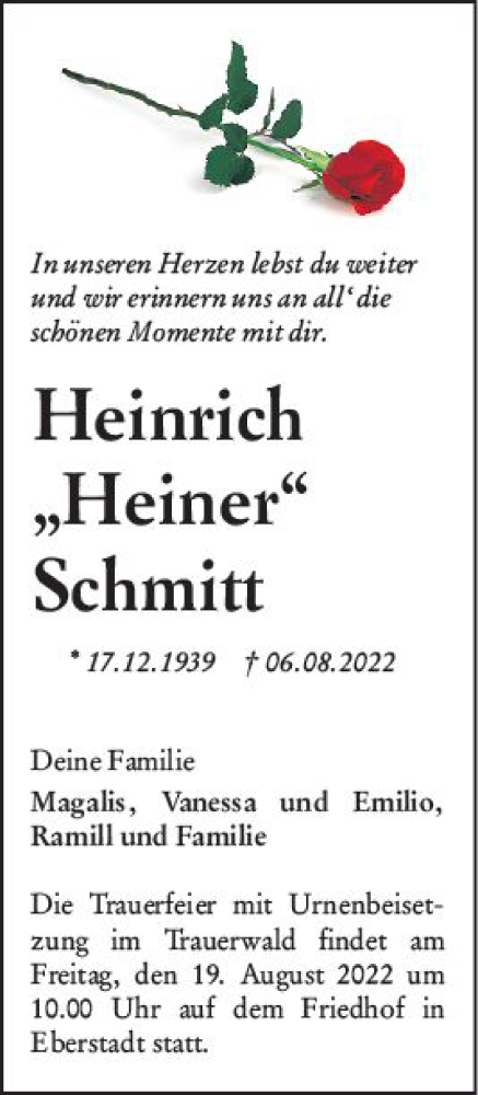  Traueranzeige für Heinrich Schmitt vom 13.08.2022 aus vrm-trauer Darmstädter Echo