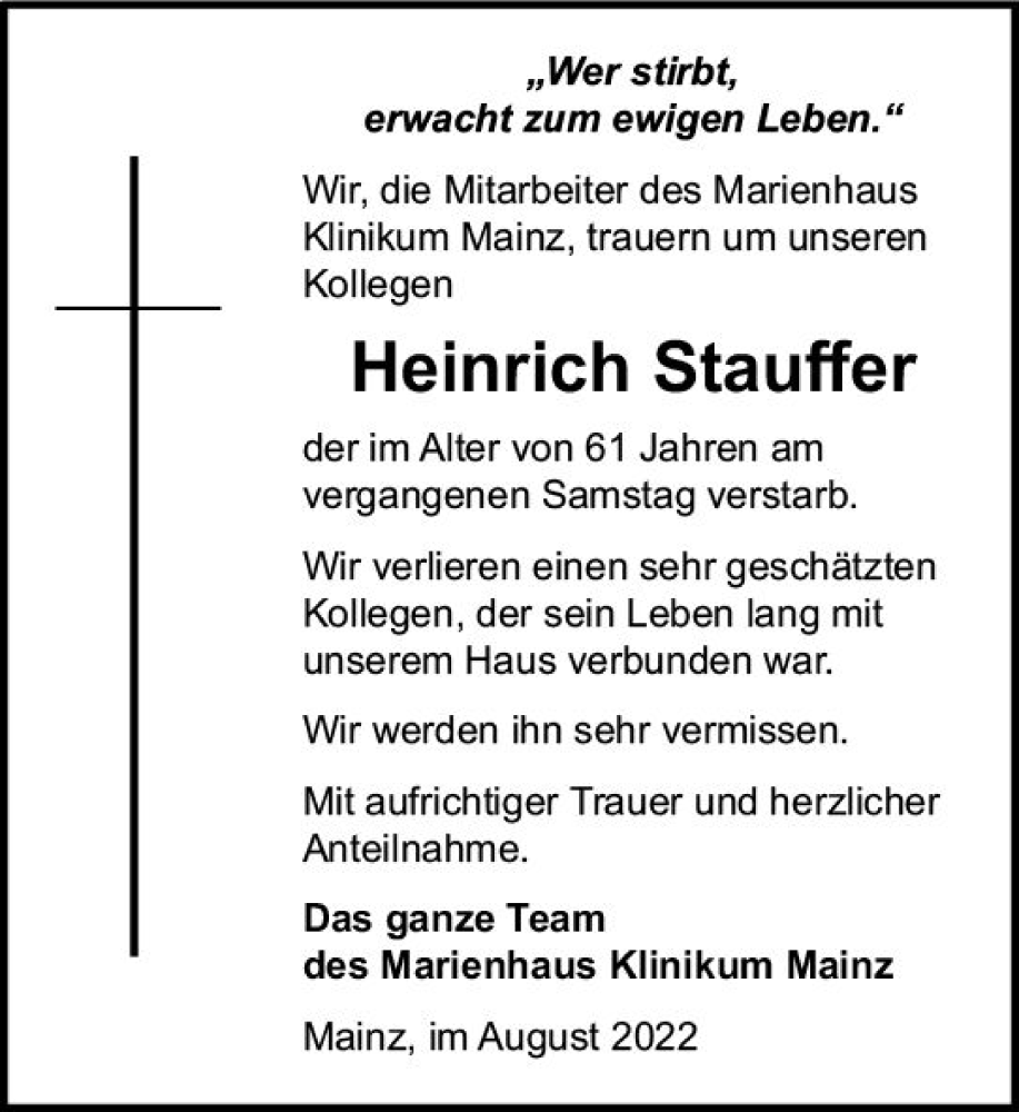  Traueranzeige für Heinrich Stauffer vom 13.08.2022 aus vrm-trauer AZ Mainz