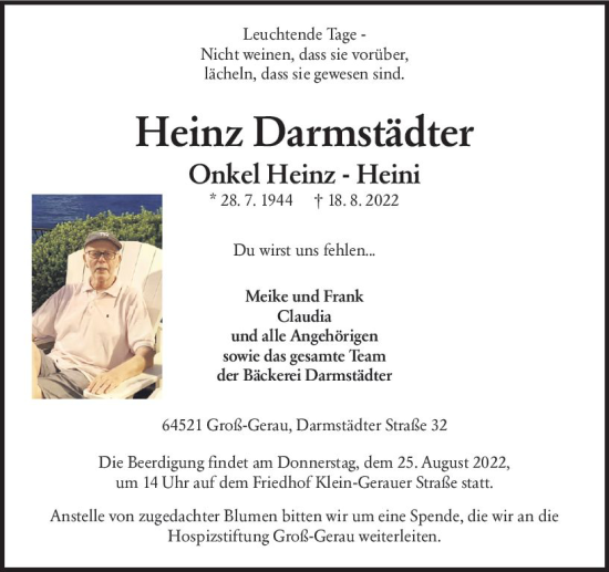 Traueranzeige von Heinz Darmstädter von vrm-trauer Groß-Gerauer Echo