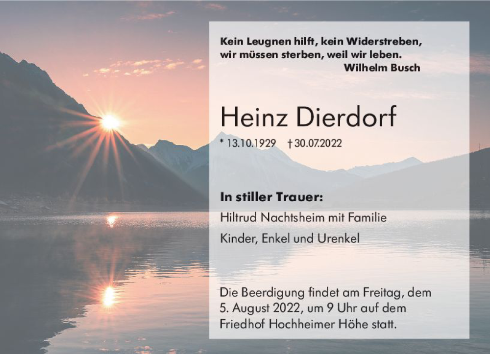  Traueranzeige für Heinz Dierdorf vom 03.08.2022 aus vrm-trauer Wormser Zeitung