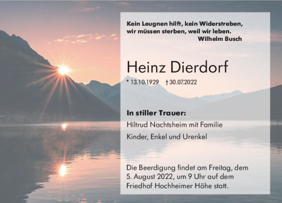 Traueranzeige von Heinz Dierdorf von vrm-trauer Wormser Zeitung