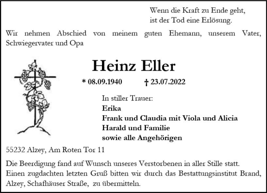 Traueranzeige von Heinz Eher von vrm-trauer Allgemeine Zeitung Alzey