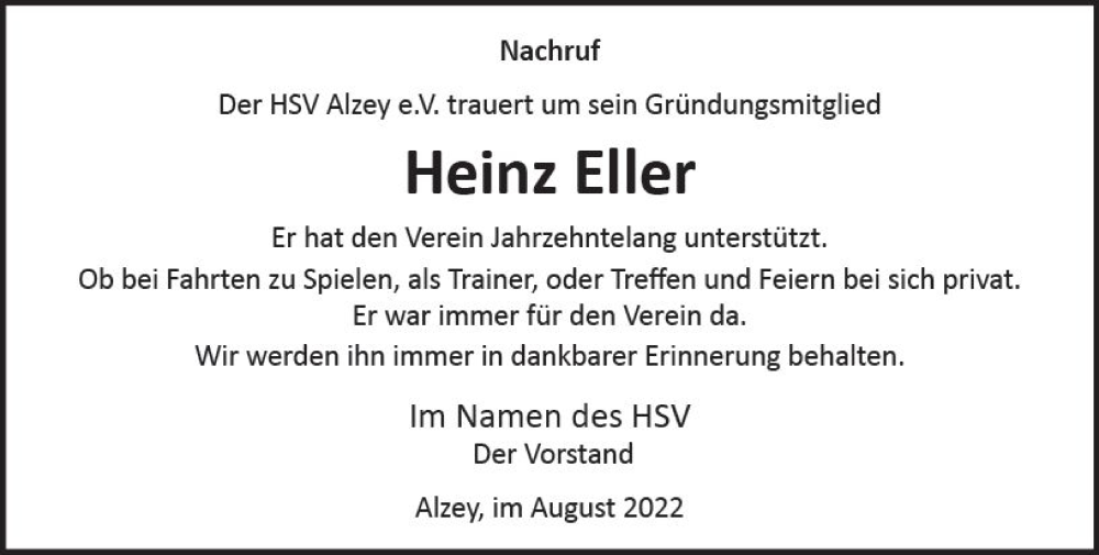  Traueranzeige für Heinz Eller vom 06.08.2022 aus vrm-trauer Allgemeine Zeitung Alzey