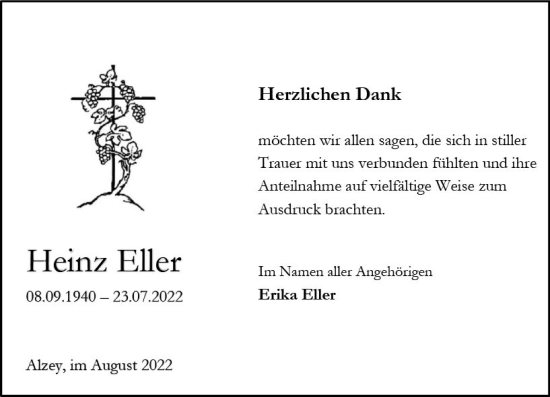 Traueranzeige von Heinz Eller von vrm-trauer Allgemeine Zeitung Alzey