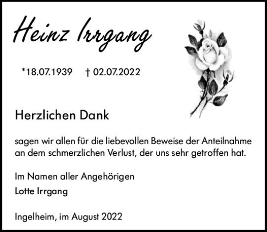 Traueranzeige von Heinz Irrgang von vrm-trauer Allgemeine  Zeitung Ingelheim-Bingen