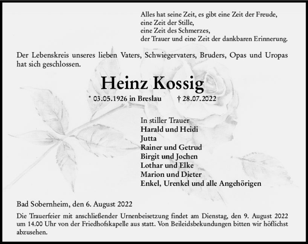  Traueranzeige für Heinz Kossig vom 06.08.2022 aus vrm-trauer Allg. Zeitung Bad Kreuznach
