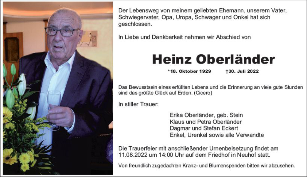  Traueranzeige für Heinz Oberländer vom 06.08.2022 aus vrm-trauer Wiesbadener Kurier