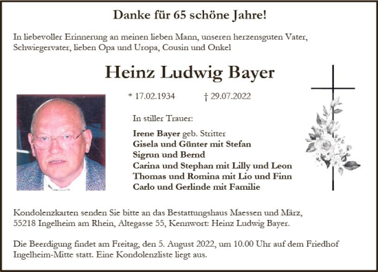 Traueranzeige von Heinz Ludwig Bayer von vrm-trauer Allgemeine  Zeitung Ingelheim-Bingen