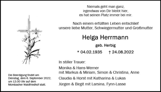 Traueranzeige von Helga Herrmann von vrm-trauer AZ Mainz