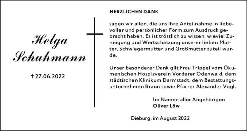  Traueranzeige für Helga Schuhmann vom 06.08.2022 aus vrm-trauer DieburgerAnzeiger/Groß-Zimmerner Lokala