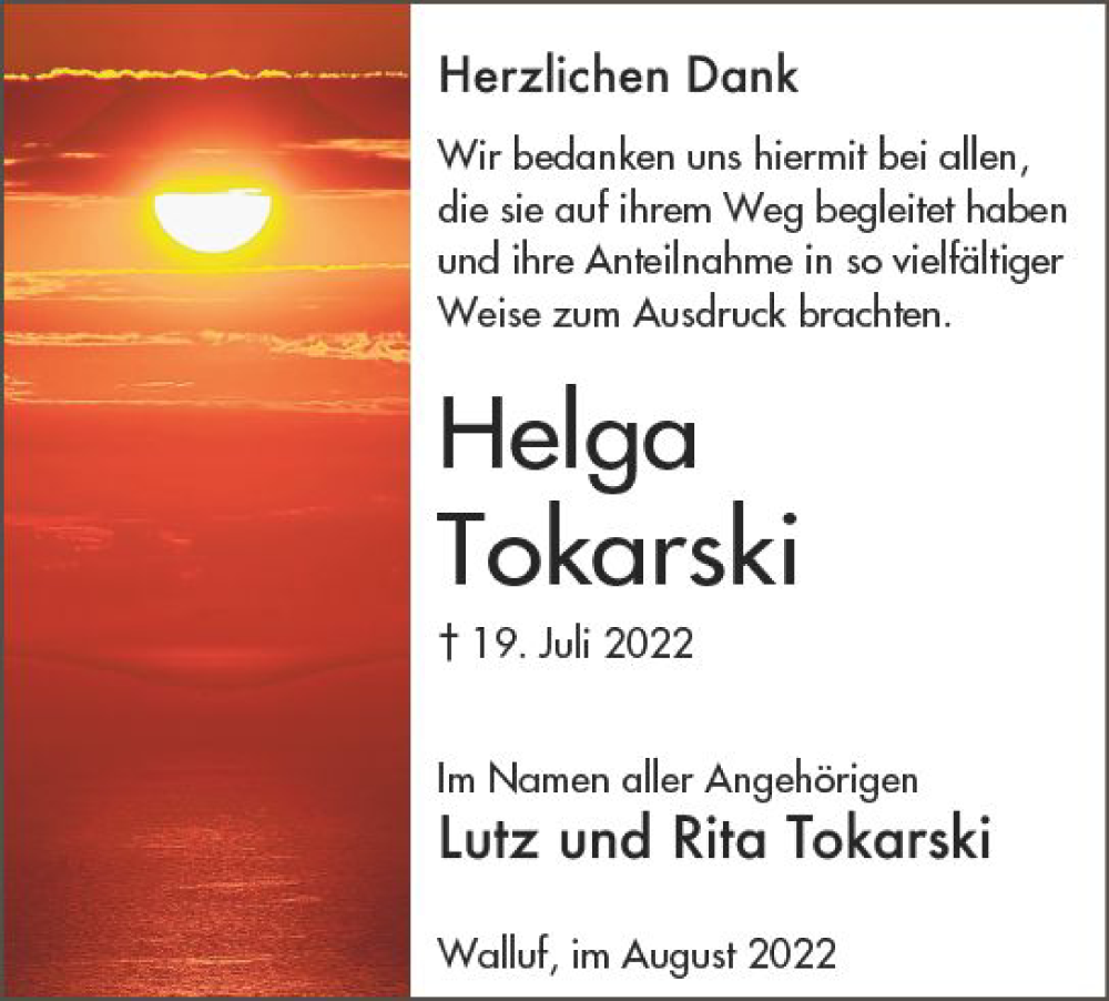  Traueranzeige für Helga Tokarski vom 20.08.2022 aus vrm-trauer Rheingau