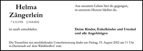 Traueranzeige von Helma Zängerlein von vrm-trauer Darmstädter Echo