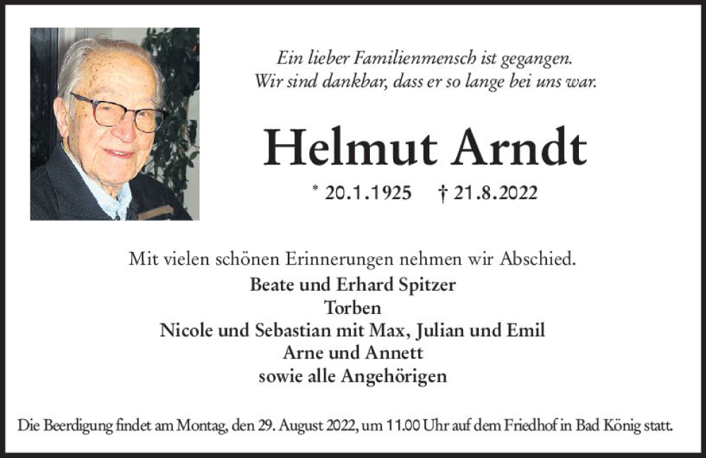  Traueranzeige für Helmut Arndt vom 27.08.2022 aus vrm-trauer Odenwälder Echo