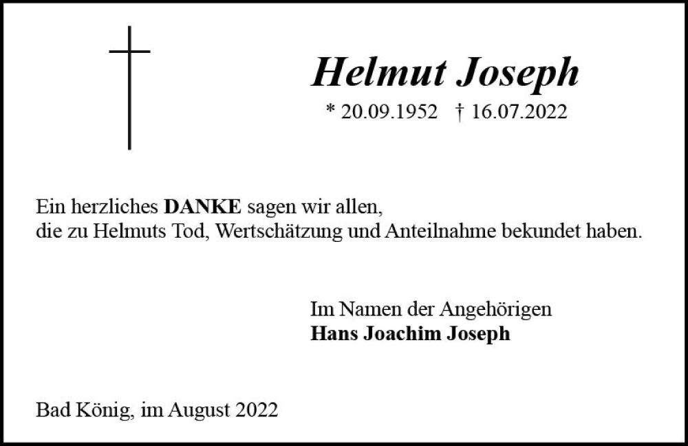  Traueranzeige für Helmut Joseph vom 20.08.2022 aus vrm-trauer Odenwälder Echo