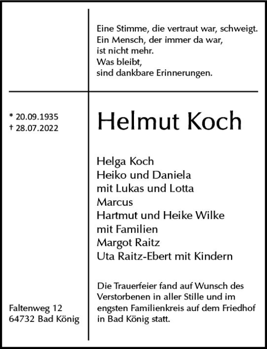 Traueranzeige von Helmut Koch von vrm-trauer Odenwälder Echo