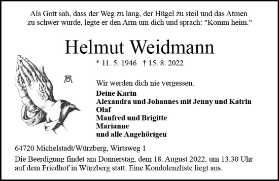 Traueranzeige von Helmut Weidmann von vrm-trauer Odenwälder Echo