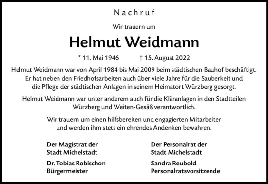 Traueranzeige von Helmut Weidmann von vrm-trauer Odenwälder Echo