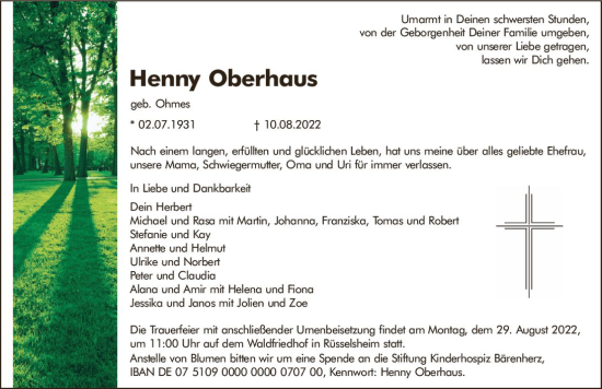 Traueranzeige von Henny Oberhaus von vrm-trauer Rüsselsheimer Echo / MainSpitze