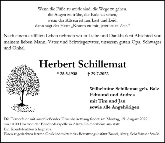Traueranzeige von Herbert Schillemat von vrm-trauer Allgemeine Zeitung Alzey