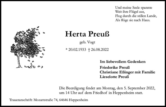 Traueranzeige von Herta Preuß von vrm-trauer Bürstädter/Lamperth. Ztg/Starkenburger