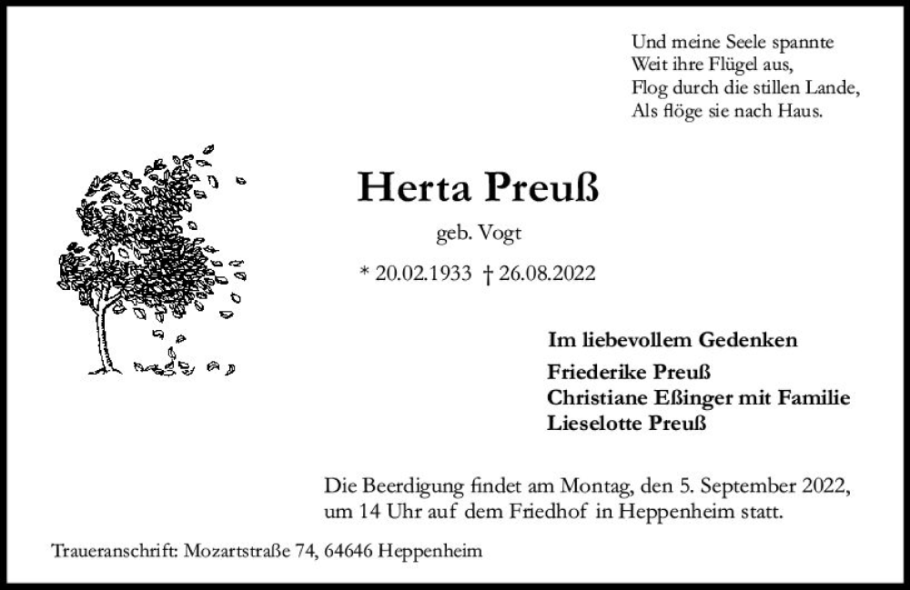  Traueranzeige für Herta Preuß vom 31.08.2022 aus vrm-trauer Bürstädter/Lamperth. Ztg/Starkenburger
