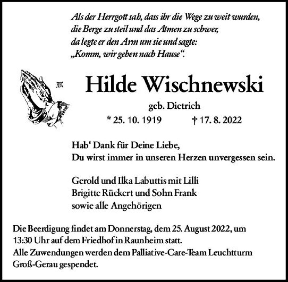  Traueranzeige für Hilde Wischnewski vom 20.08.2022 aus vrm-trauer Rüsselsheimer Echo / MainSpitze