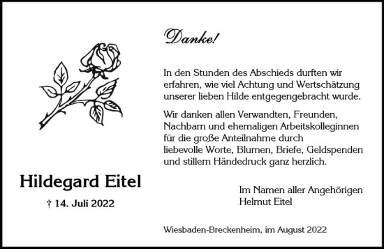 Traueranzeige von Hildegard Eitel von vrm-trauer Wiesbadener Kurier
