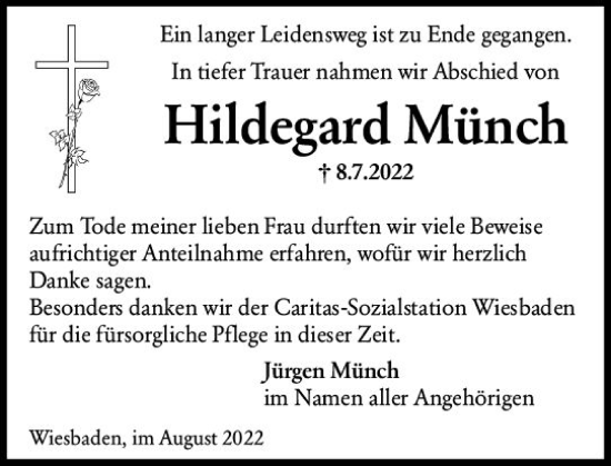 Traueranzeige von Hildegard Münch von vrm-trauer Wiesbadener Kurier