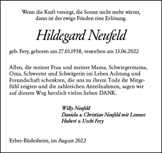 Traueranzeige von Hildegard Neufeld von vrm-trauer Allgemeine Zeitung Alzey