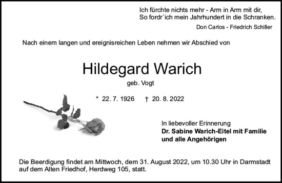 Traueranzeige von Hildegard Warich von vrm-trauer Darmstädter Echo
