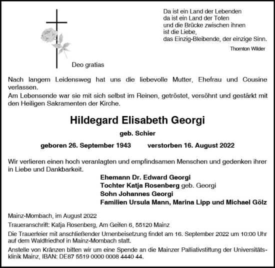 Traueranzeige von Hildegard Elisabeth Georgi von vrm-trauer AZ Mainz
