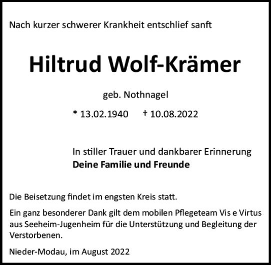 Traueranzeige von Hiltrud Wolf-Krämer von vrm-trauer Darmstädter Echo