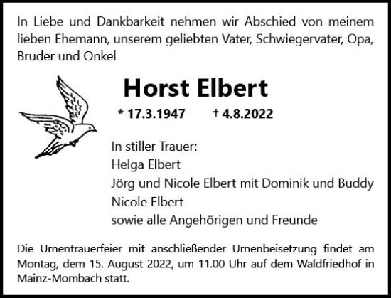 Traueranzeige von Horst Elbert von vrm-trauer AZ Mainz