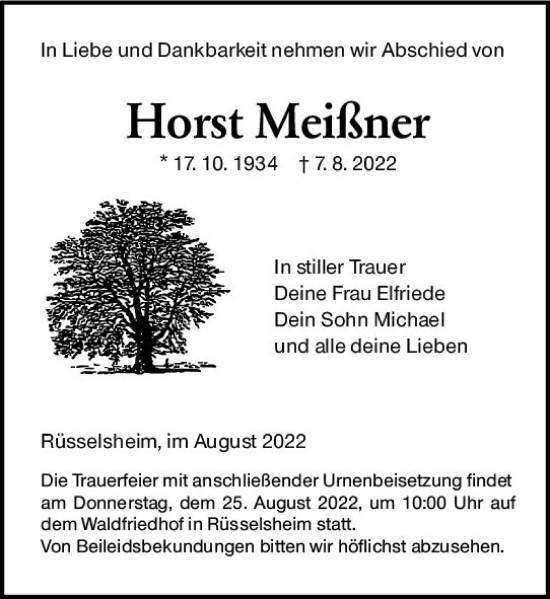 Traueranzeige von Horst Meißner von vrm-trauer Rüsselsheimer Echo / MainSpitze