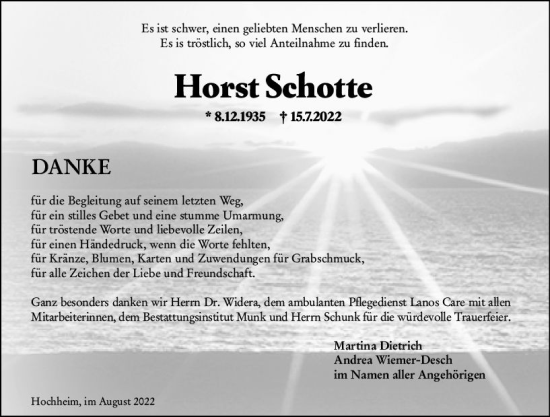 Traueranzeige von Horst Schotte von vrm-trauer Hochheimer Zeitung