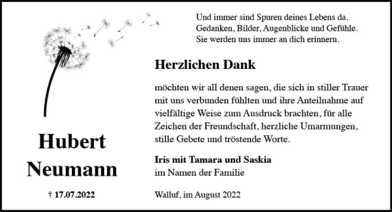 Traueranzeige von Hubert Neumann von vrm-trauer Wiesbadener Kurier