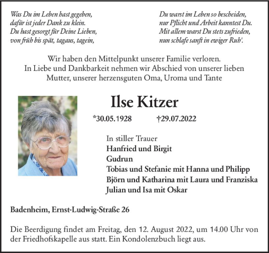 Traueranzeige von Ilse Kitzer von vrm-trauer Allg. Zeitung Bad Kreuznach