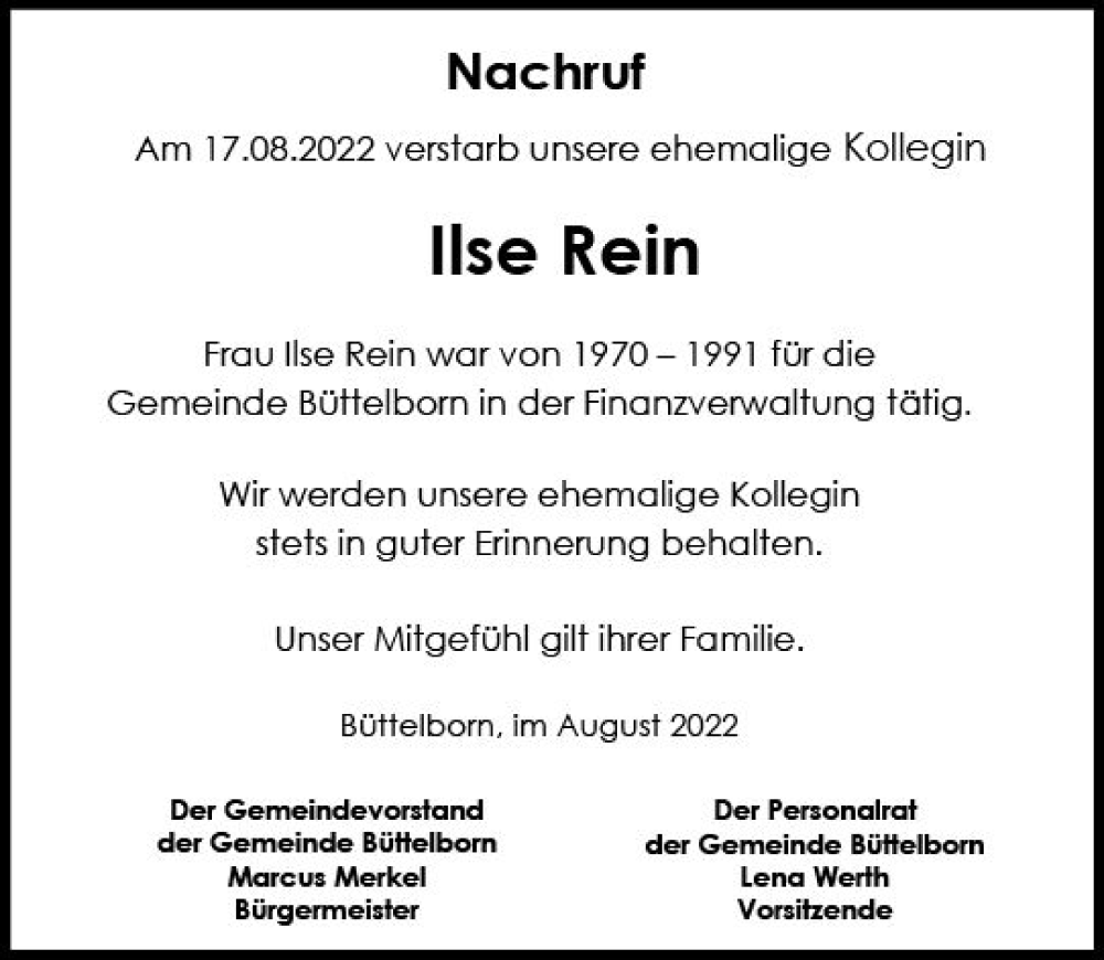  Traueranzeige für Ilse Rein vom 27.08.2022 aus vrm-trauer Groß-Gerauer Echo