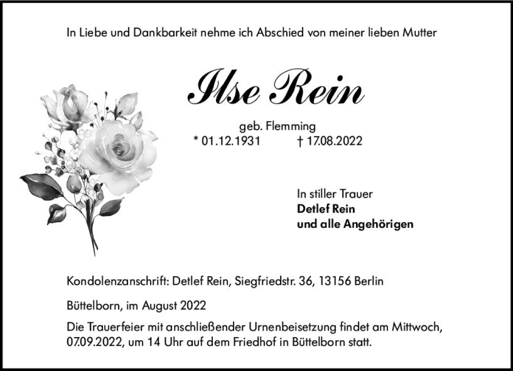  Traueranzeige für Ilse Rein vom 27.08.2022 aus vrm-trauer Groß-Gerauer Echo
