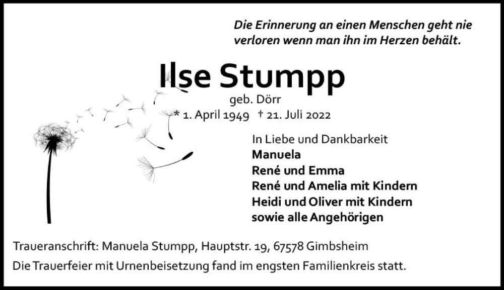  Traueranzeige für Ilse Stumpp vom 13.08.2022 aus vrm-trauer AZ Mainz
