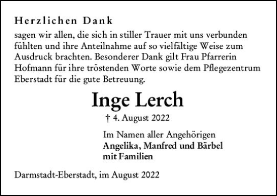 Traueranzeige von Inge Lerch von vrm-trauer Darmstädter Echo