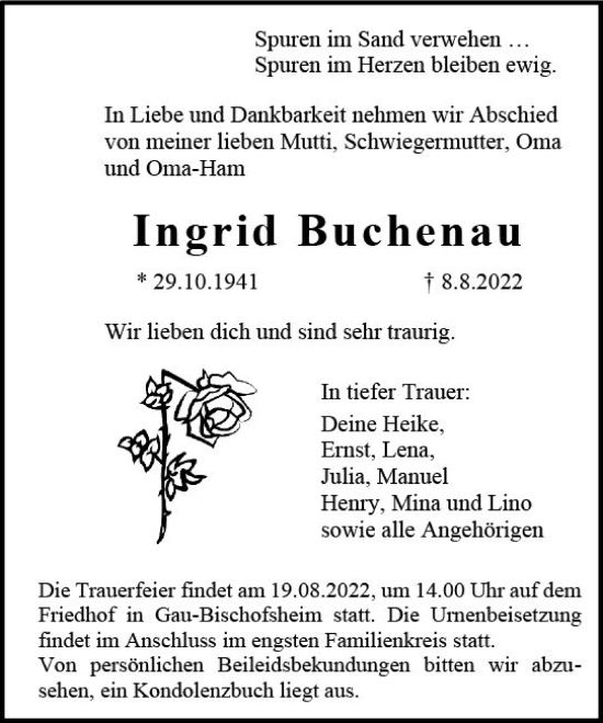 Traueranzeige von Ingrid Buchenau von vrm-trauer AZ Mainz