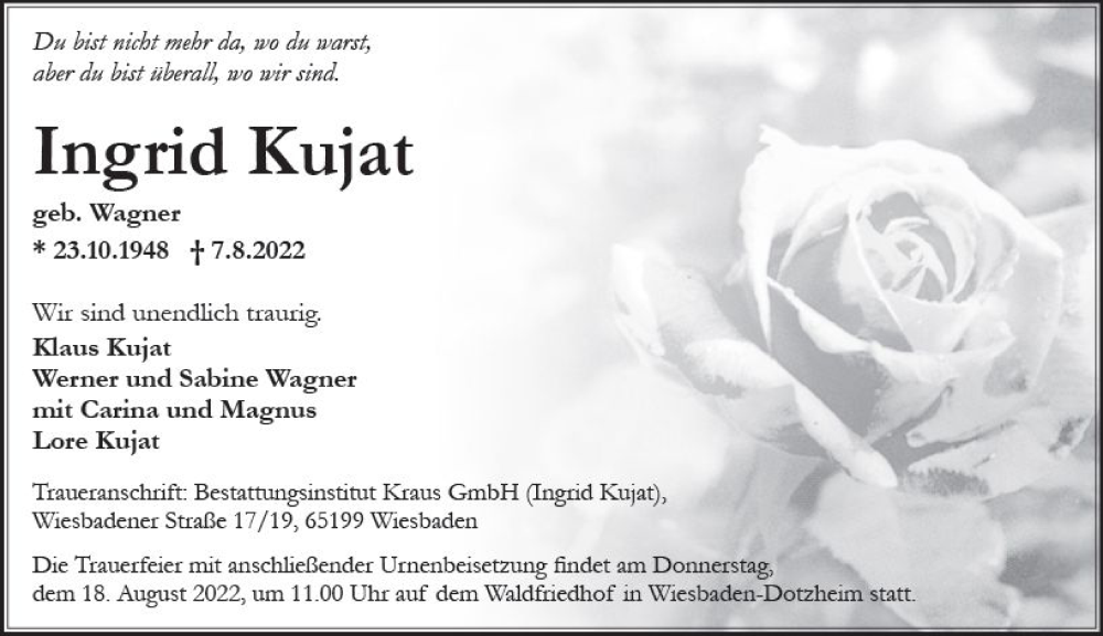  Traueranzeige für Ingrid Kujat vom 13.08.2022 aus vrm-trauer Wiesbadener Kurier