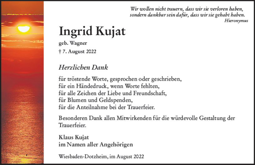  Traueranzeige für Ingrid Kujat vom 27.08.2022 aus vrm-trauer Wiesbadener Kurier