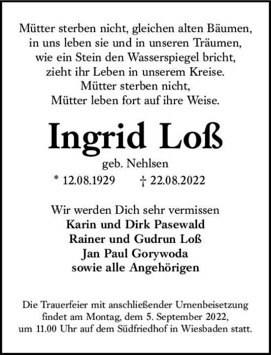 Traueranzeige von Ingrid Loß von vrm-trauer Wiesbadener Kurier