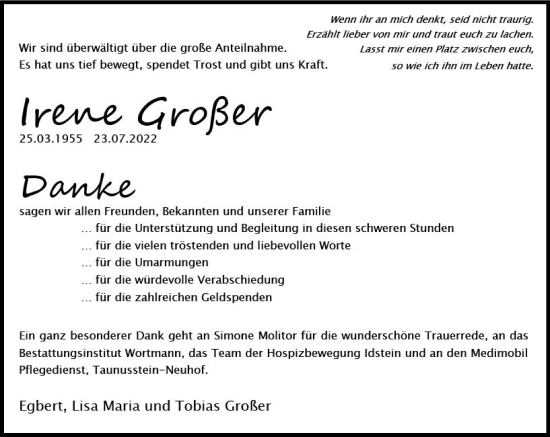Traueranzeige von Irene Großer von vrm-trauer Wiesbadener Kurier