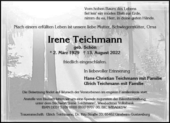 Traueranzeige von Irene Teichmann von vrm-trauer Wiesbadener Kurier